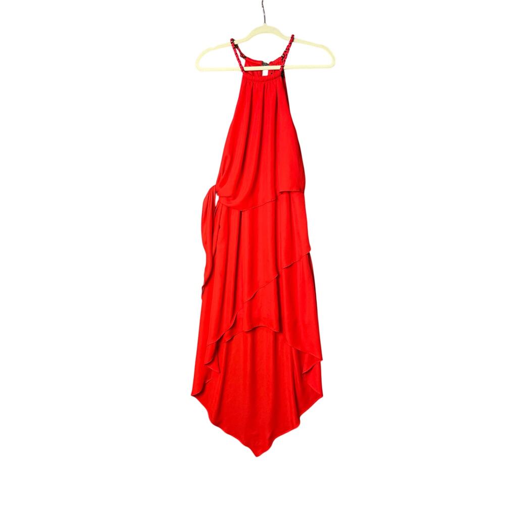 Bright Red Tiered Halter Neck High Low Maxi Dress Shelli Segal Size 12 Party
